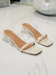 時尚水晶高跟鞋拖鞋帶透明帶適合女士度假 - 米色 - 查看 3