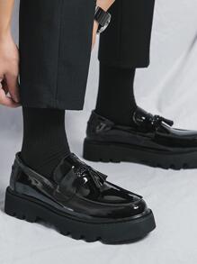 新款男士经典厚底流苏高帮百搭驾驶通勤布洛克皮鞋，软底商务正式休闲皮鞋，春秋婚礼新郎伴郎鞋 - 黑色 - 查看 6