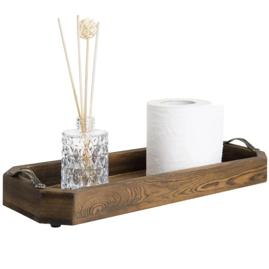 Burnt Dark Brown Wood Octagonal Bath Vanity Organizer Tray with Handles - Brown - View 1