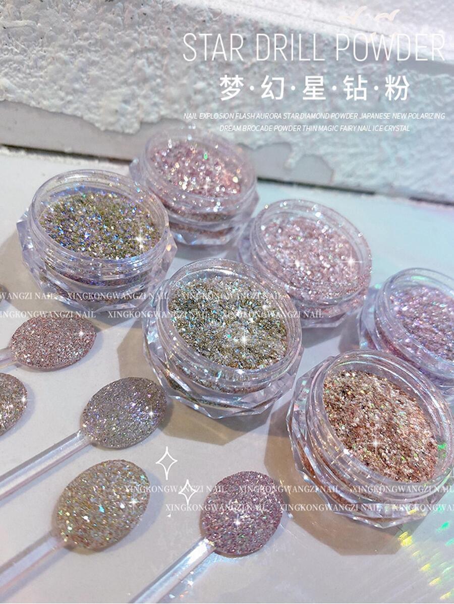 6 Boxen Glitzer-Nagelpulver, reflektierendes glänzendes Bonbon-Pulver, funkelnder Strass-Nageldekoration, Maniküre-Pulver für DIY-Nägel - Schwarz und Weiss - Übersicht 1