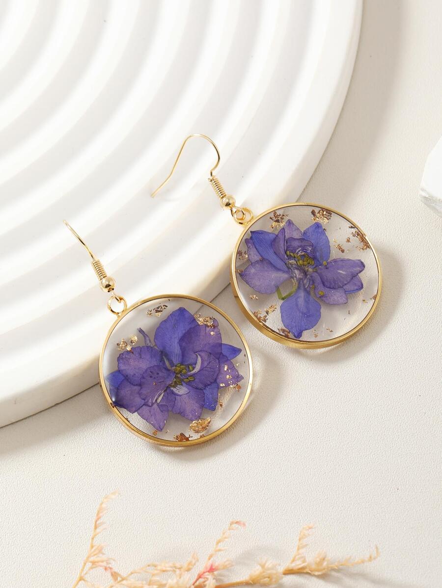 1 Pair Asymmetrical Dried Flower Earrings In Purple, Pink, Blue - Boho Style Copper Earrings Suitable For Daily Wear - Purple - View 1