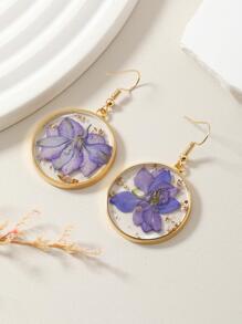 1 Pair Asymmetrical Dried Flower Earrings In Purple, Pink, Blue - Boho Style Copper Earrings Suitable For Daily Wear - Purple - View 4