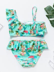 Ensemble bikini imprimé flamant rose pour jeune fille