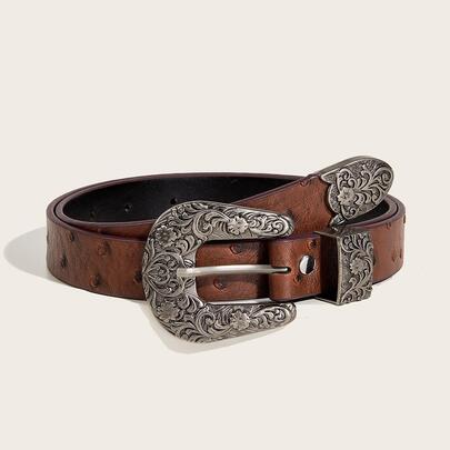 1pc Women Embossed Scroll Detail Geometric Buckle Vintage Belt For Daily Decoration