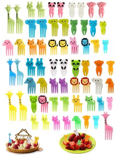 10個 使い捨てフルーツフォーク 子供用、安全&便利、ケーキ、デザート、スナックに最適、ランダムカラー&カートゥーンアニマルデコレーション