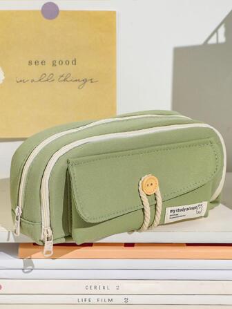 1入組鈕扣裝飾的多層大容量學生筆袋