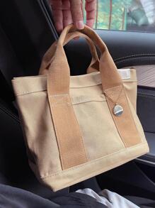Patch Decor Shopper Bag Tay cầm đôi Đa chức năng - Màu Khaki - Xem 2