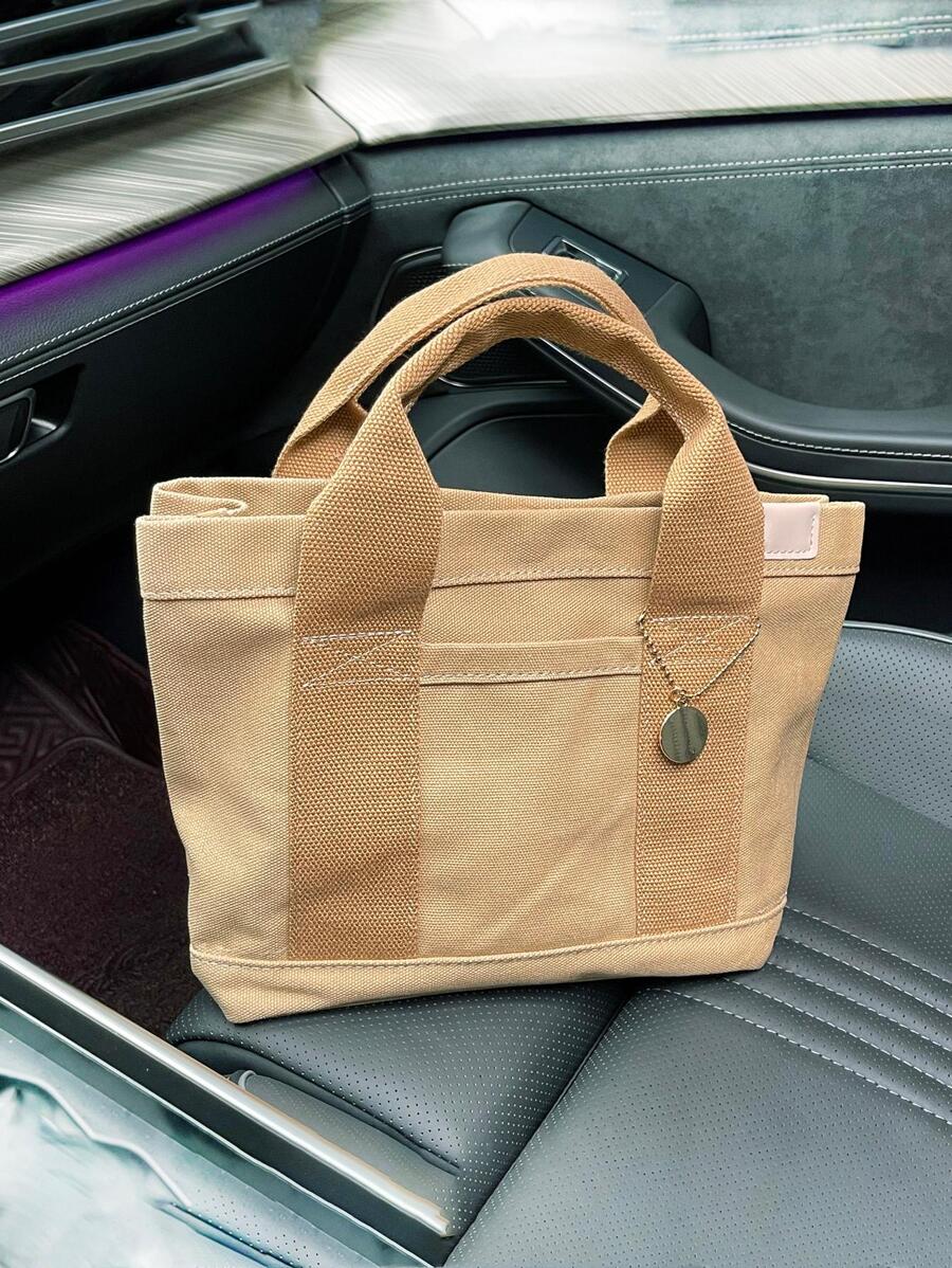 Patch Decor Shopper Bag Tay cầm đôi Đa chức năng - Màu Khaki - Xem 1