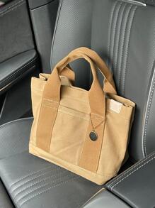 Patch Decor Shopper Bag Tay cầm đôi Đa chức năng - Màu Khaki - Xem 4