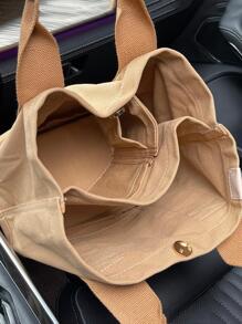 Patch Decor Shopper Bag Tay cầm đôi Đa chức năng - Màu Khaki - Xem 3