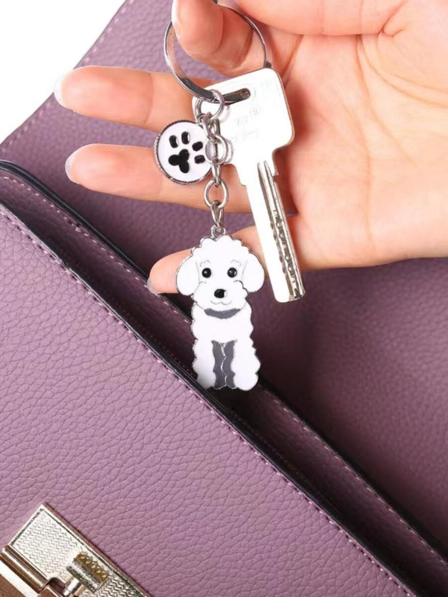 1入組不銹鋼鑰匙圈帶卡通白色貴賓犬吊墜,鑰匙圈配件 - 白色 - 查看 1