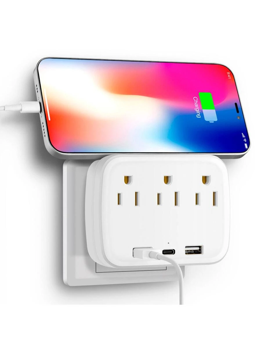 USB Multi-Contact, Multiple Connector With 3 AC Plugs, 1 USB Type-C And 2 USB, Surge Protector, Multi-Contact Wall Multiple Plug Adapter For Home And Offices - 白色 - 查看 1