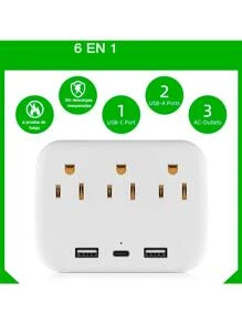 USB Multi-Contact, Multiple Connector With 3 AC Plugs, 1 USB Type-C And 2 USB, Surge Protector, Multi-Contact Wall Multiple Plug Adapter For Home And Offices - 白色 - 查看 4