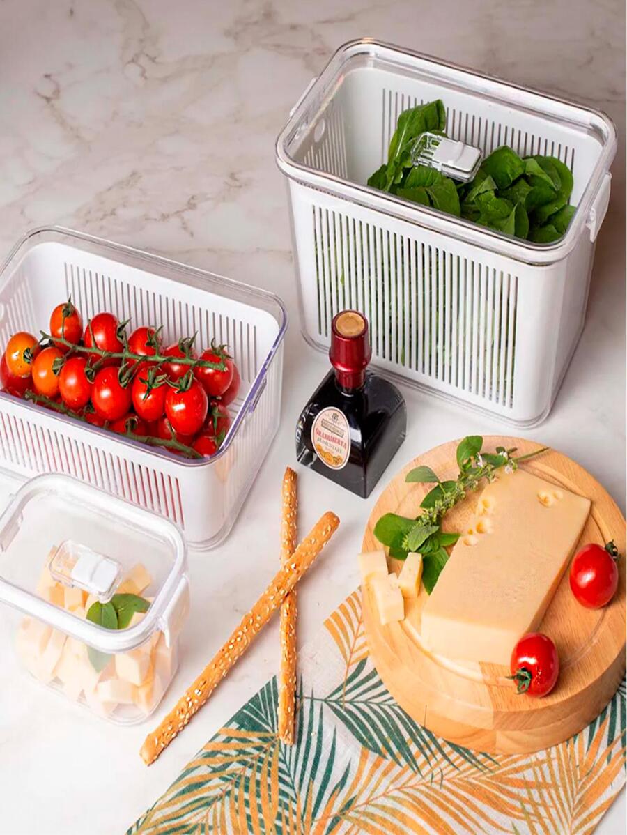 Pote Hermético M c/ Cesto para Drenagem e Tampa Multiuso 1780ml Organizador de Comida Geladeira BPA Free Material Resistente - Branco - Visão 1