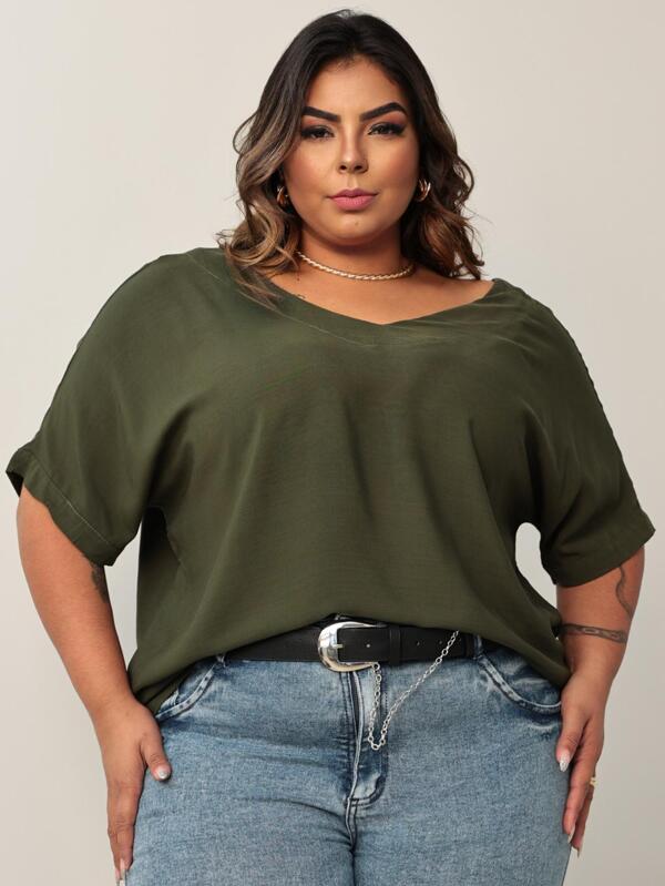 Blusa Feminina Manga 3/4 Decote V Plus Size Manga Asa de Morcego Básica Casual Social