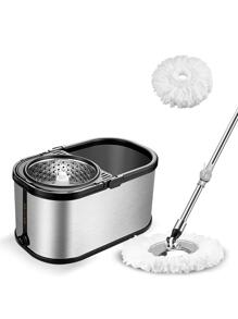 Cubeta para trapear de Acero con exprimidor, atrapa Polvo, Pelusa y Suciedad, Incluye 2 repuestos Intercambiables de Microfibra, Extensible Giratorio 360° y cubeta - Gris - Ver 1