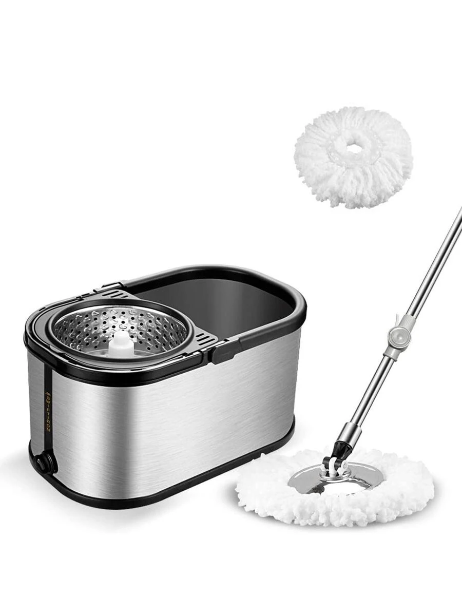 Cubeta para trapear de Acero con exprimidor, atrapa Polvo, Pelusa y Suciedad, Incluye 2 repuestos Intercambiables de Microfibra, Extensible Giratorio 360° y cubeta - Gris - Ver 1