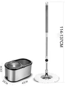 Cubeta para trapear de Acero con exprimidor, atrapa Polvo, Pelusa y Suciedad, Incluye 2 repuestos Intercambiables de Microfibra, Extensible Giratorio 360° y cubeta - Gris - Ver 10