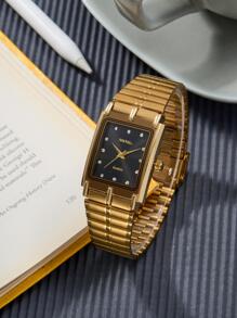 水鑽裝飾方形指針石英手錶 - 金色 - 查看 1