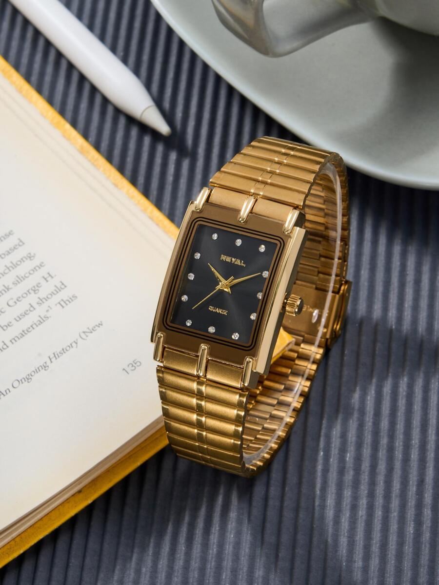 水鑽裝飾方形指針石英手錶 - 金色 - 查看 1