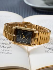 水鑽裝飾方形指針石英手錶 - 金色 - 查看 3