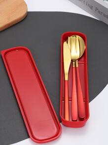 3 piezas/set portátil de acero inoxidable Cuchillo , Tenedor , Cuchara Set cubiertos con caja - Multicolor - Ver 2