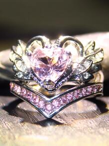 2pcs/Set Couple Cubic Zirconia Heart Decor Ring Valentines - Multicolor - View 2