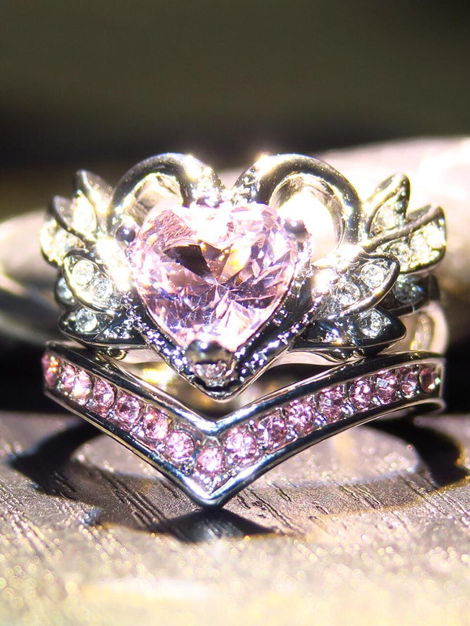 2pcs/Set Couple Cubic Zirconia Heart Decor Ring Valentines