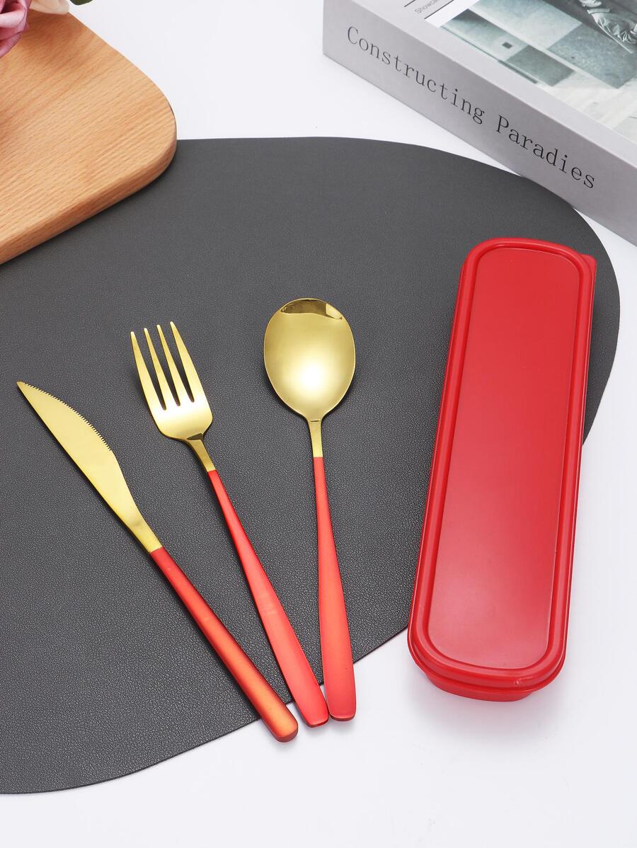 3 piezas/set portátil de acero inoxidable Cuchillo , Tenedor , Cuchara Set cubiertos con caja - Multicolor - Ver 1