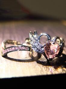 2pcs/Set Couple Cubic Zirconia Heart Decor Ring Valentines - Multicolor - View 3