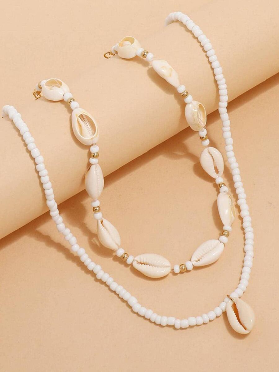 歐美時尚海灘風格手工編織雙層米釘珠&貝殼吊墜項鍊,1片 - 白色 - 查看 1