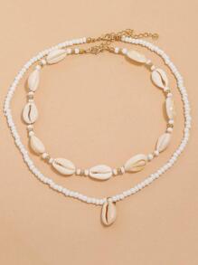 歐美時尚海灘風格手工編織雙層米釘珠&貝殼吊墜項鍊,1片 - 白色 - 查看 2