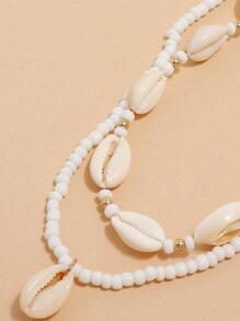 歐美時尚海灘風格手工編織雙層米釘珠&貝殼吊墜項鍊,1片 - 白色 - 查看 3