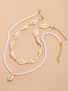 歐美時尚海灘風格手工編織雙層米釘珠&貝殼吊墜項鍊,1片 - 白色 - 查看 5