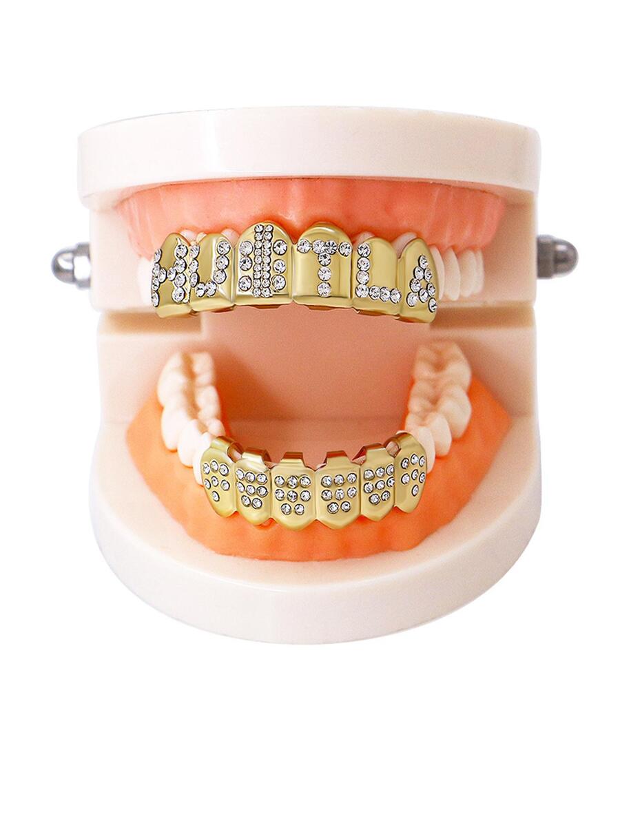 1pc Tooth Grillz With Letters & Rhinestones, Unisex Party Prop Dental Jewelry - Yellow Gold - View 1