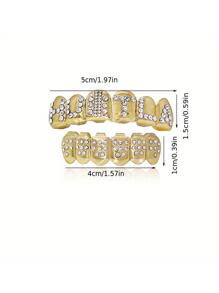 1pc Tooth Grillz With Letters & Rhinestones, Unisex Party Prop Dental Jewelry - Yellow Gold - View 3