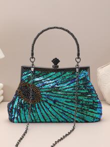 1pc Green Peacock Tail Pattern Beaded & Sequined Clutch Bag For Party - Green - View 3