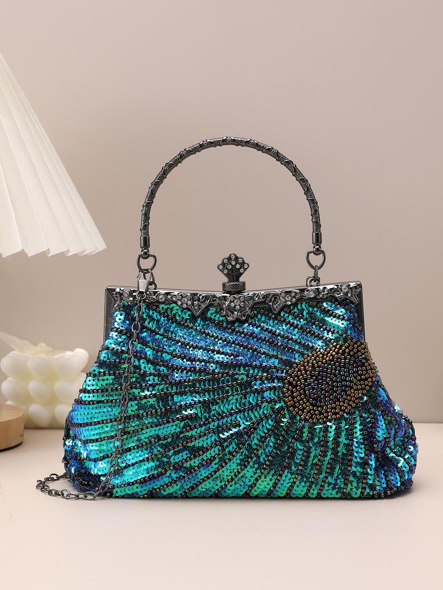 1pc Green Peacock Tail Pattern Beaded & Sequined Clutch Bag For Party - Green - View 1