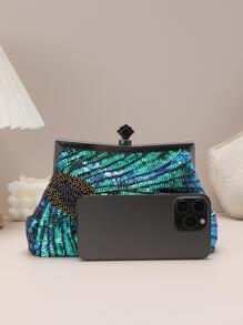 1pc Green Peacock Tail Pattern Beaded & Sequined Clutch Bag For Party - Green - View 2