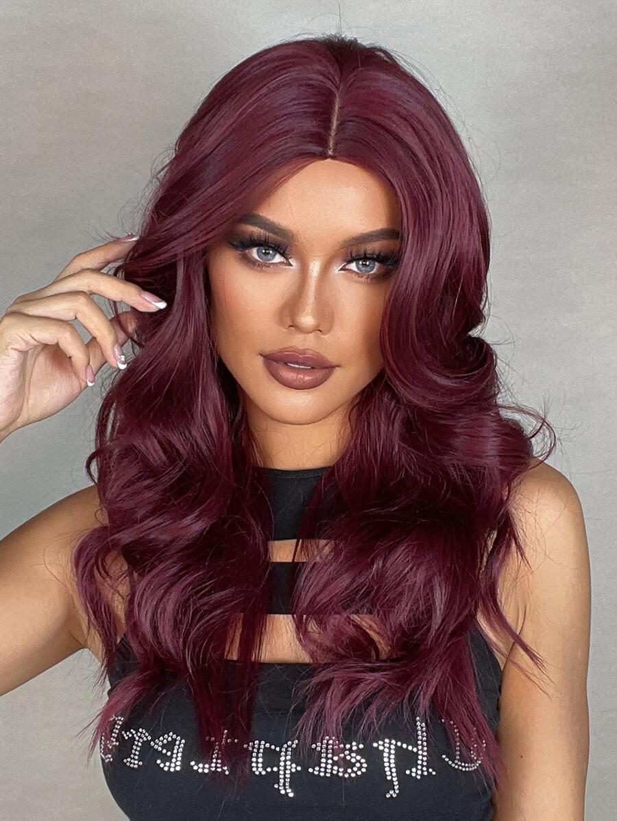 HAIRCUBE 24英寸合成紫紅色長捲髮,中分,為美麗性感女性而設 - 酒紅色 - 查看 1