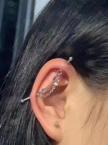 1入組星星鏈條漂浮工業穿孔杠鈴不銹鋼耳環 - 銀色 - 查看 3