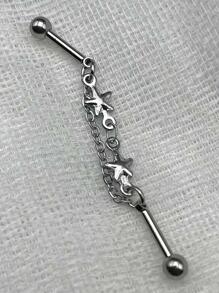 1入組星星鏈條漂浮工業穿孔杠鈴不銹鋼耳環 - 銀色 - 查看 2
