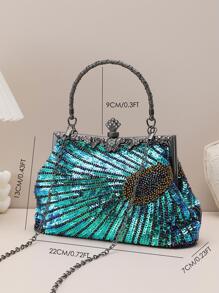 1pc Green Peacock Tail Pattern Beaded & Sequined Clutch Bag For Party - Green - View 5