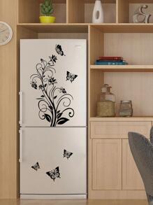 1pc Black Vine Flower & Butterfly Fridge Decoration Sticker, Stickers, Wall Decal, Vinly Decal For Home Decorations, Spring Decoration Items Refresh Your Home, Festival Decoration Stickers Gifts Birthday Graduation