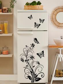 1pc Black Vine Flower & Butterfly Fridge Decoration Sticker, Stickers, Wall Decal, Vinly Decal For Home Decorations, Spring Decoration Items Refresh Your Home, Festival Decoration Stickers Gifts Birthday Graduation
