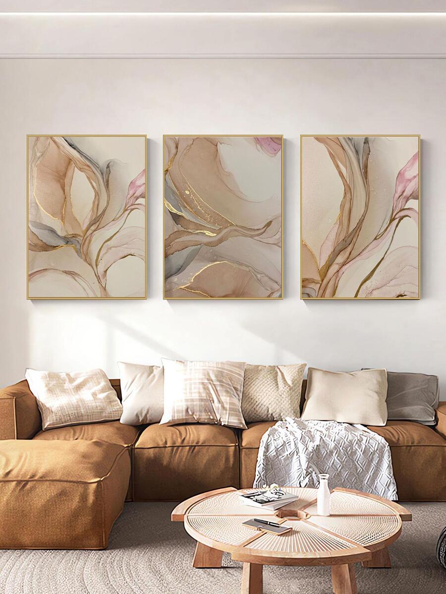 3pcs/Set Aquarelle Smudges Stains With Brown And Pink Background Abstract Painting Fluid Ink Art Petals Posters & Canvas Prints Modern Wall Decor For Home, Living Room, Bedroom Decoration (Frameless ) Gifts Birthday Graduation