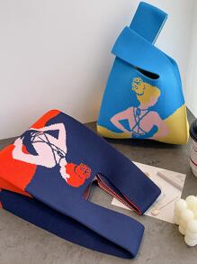 Cute Cartoon Printed Knitted Bag For Women - Blue - View 4