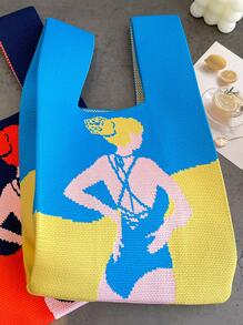 Cute Cartoon Printed Knitted Bag For Women - Blue - View 3