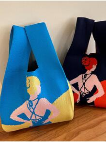 Cute Cartoon Printed Knitted Bag For Women - Blue - View 5