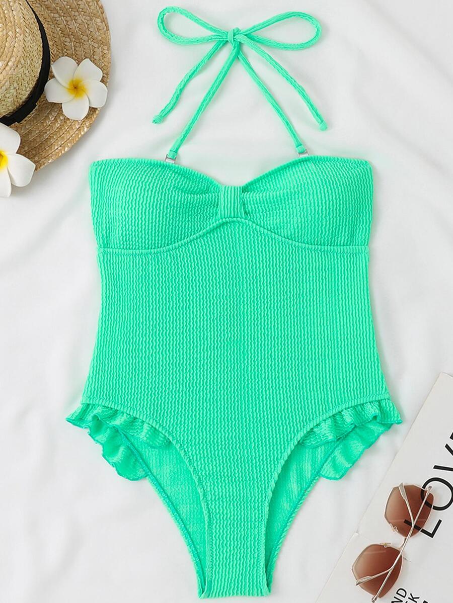 Plain Smocked Ruffle Trim Halter One Piece Swimsuit - Green - View 1